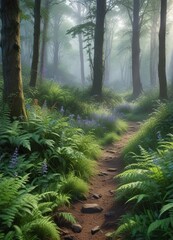 Obraz premium Misty morning scene with bluebells and ferns peeking through the undergrowth , greenery, undergrowth, mist