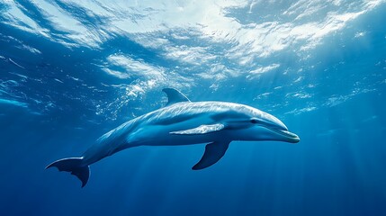 Fototapeta premium Majestic Dolphin in Deep Blue Ocean. Underwater Marine Wildlife.