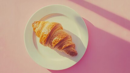 Freshly Baked Golden Croissant on a White Plate with Shadows