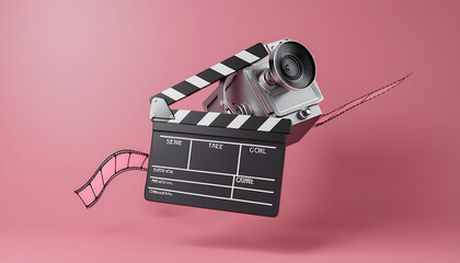 vintage movie camera and movie clapper board floating