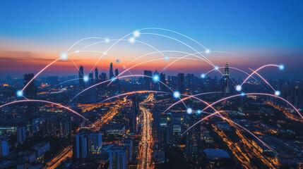 Smart digital city with connection cyber security network reciprocity over the cityscape . future smart wireless digital city and social media networking systems that connects people within the city
