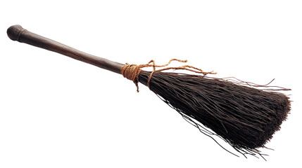 Isolated Traditional Broom Tool for Cleaning and Home Use with Wooden Handle and Natural Bristle Head
