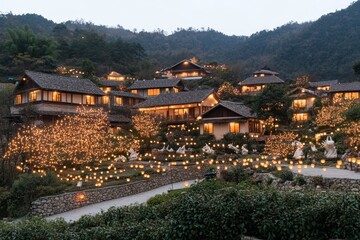 A magical Hmong village glowing with ethereal lights, surrounded by floating lanterns and mythical creatures guarding the terraced rice fields under a starry sky