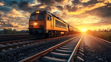 Freight Train at Sunset. Concept of Transportation, Logistics, and Travel.