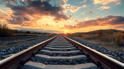 Sunset over Railroad Tracks. Concept of Journey, Destination, and Hope.
