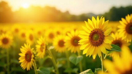 Obraz premium Golden Hour Sunflowers in a Vibrant Field Basking in the Warmth of the Setting Sun's Rays