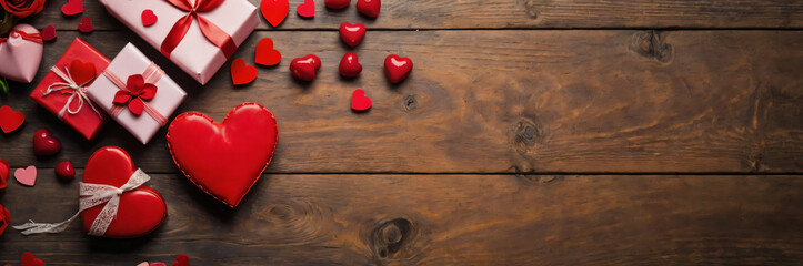 Charming Valentine's Day Scene Featuring Heartfelt Presents and Romantic Decor on a Rustic Wooden Background
