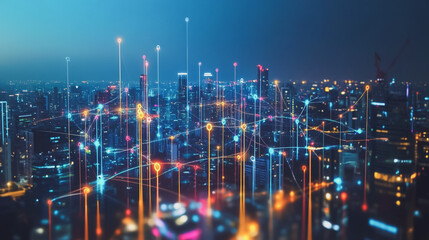 Fototapeta premium Smart digital city with connection cyber security network reciprocity over the cityscape . future smart wireless digital city and social media networking systems that connects people within the city