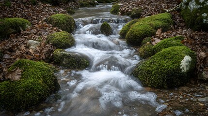 Flowing stream cascading over mossy rocks tranquil forest setting nature photography serene environment close-up view calm concept