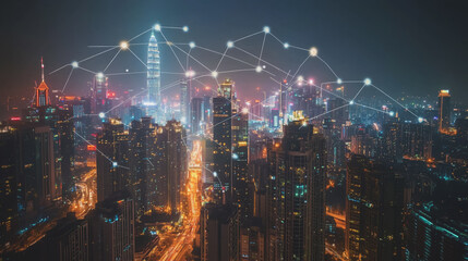 Fototapeta premium Smart digital city with connection cyber security network reciprocity over the cityscape . future smart wireless digital city and social media networking systems that connects people within the city