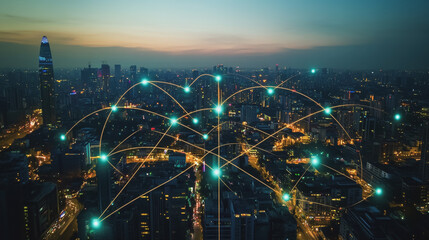 Smart digital city with connection cyber security network reciprocity over the cityscape . future smart wireless digital city and social media networking systems that connects people within the city