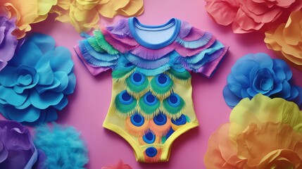 Fototapeta premium Colorful Baby Swimsuit with Feather Design and Floral Background
