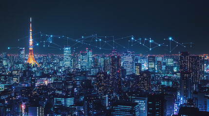 Obraz premium Smart digital city with connection cyber security network reciprocity over the cityscape . future smart wireless digital city and social media networking systems that connects people within the city