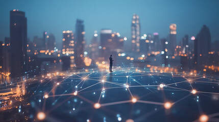 Smart digital city with connection cyber security network reciprocity over the cityscape . future smart wireless digital city and social media networking systems that connects people within the city