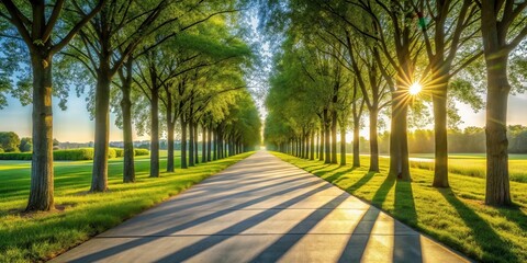 Fototapeta premium Sunlit Pathway Through a Lush Green Tree-Lined Avenue