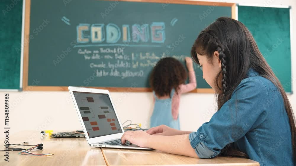 Poster girl writing engineering prompt by using ai software or programing system to generate ai on table wi