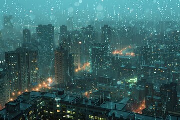 Raining city night aerial view.