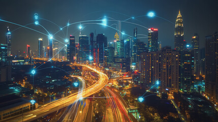 Fototapeta premium Smart digital city with connection cyber security network reciprocity over the cityscape . future smart wireless digital city and social media networking systems that connects people within the city