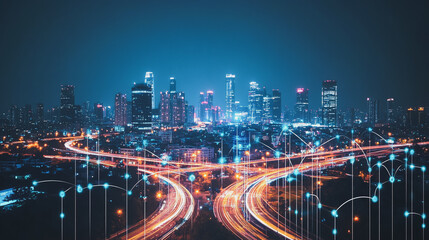 Obraz premium Smart digital city with connection cyber security network reciprocity over the cityscape . future smart wireless digital city and social media networking systems that connects people within the city