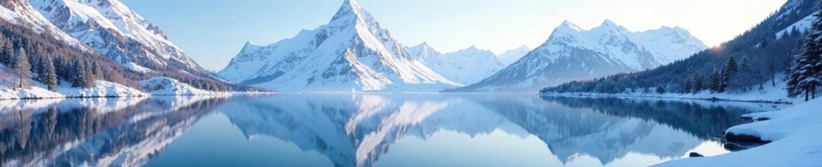 Fototapeta premium Snow-covered mountain lake with reflected peaks, scenery, snow