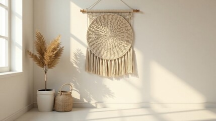 Obraz premium Sunlit Room Decor Neutral-toned Woven Wall Hanging, Dried Floral Arrangement, and Basket