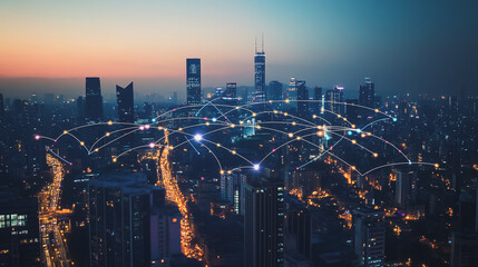 Fototapeta premium Smart digital city with connection cyber security network reciprocity over the cityscape . future smart wireless digital city and social media networking systems that connects people within the city