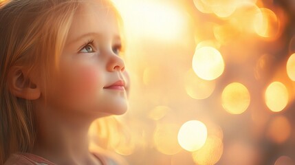 Fototapeta premium Dreamy Portrait of a Child with Soft Bokeh Lights and Warm Hues