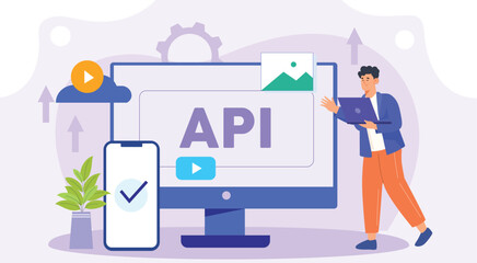 A modern and dynamic illustration highlighting API workflows with gadgets, servers, and connectivity visuals.