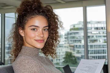A professional woman smiling while reviewing a candidate resume during an interview in a bright office space