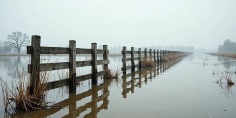 Obraz premium A long wooden fence partially submerged in calm, still water under a misty sky, reflecting the serene atmosphere of a tranquil landscape.