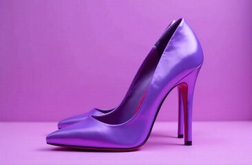 Women's shiny stylish high-heeled shoes in dark lilac color, the new PANTONE 18-1750 Viva Magenta color fashionable in 2025. Brilliant lilac background.