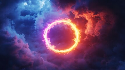 Obraz premium Colorful Neon Ring Glowing Inside a Stormy Cloudy Sky Scene