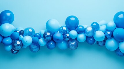 Fototapeta premium 85.Elegant blue balloon banner featuring a bright blue background with a variety of glossy balloons arranged in a cascading effect on the sides, allowing ample central space for adding text or