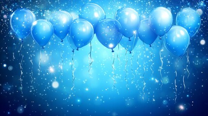 81.Bright blue birthday banner template featuring a soft, gradient blue background filled with large, glossy blue balloons along the top and sides, with a glowing effect, creating a festive and