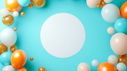 119.Bright and cheerful balloon garland with pastel blue, gold, and white balloons in various sizes, forming an arch-like frame around an empty white circle, perfect for placing text or graphics for