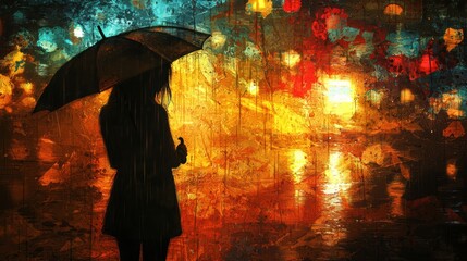 Woman with Umbrella in Rain-Soaked City Square at Night Reflecting on Distant Lights