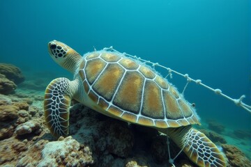 Obraz premium A turtle entangled in plastic netting near coral reefs
