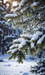Spruce Tree Branches Shrouded in Glittering Snow, snowflakes, frosty landscape, spruce tree
