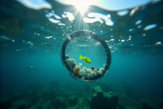 A camera lens capturing plastic waste floating in underwater currents - Powered by Adobe