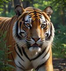 Fototapeta premium The Bengal tiger's piercing gaze fixes on its next meal as it bursts from the underbrush, beast, chase, prey