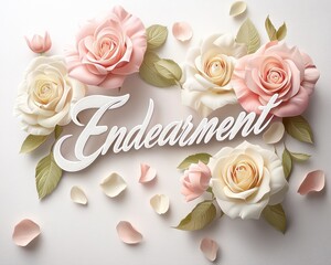 "Endearment" gracefully written in soft 3D cursive with light pink and cream roses on a white background with petals,