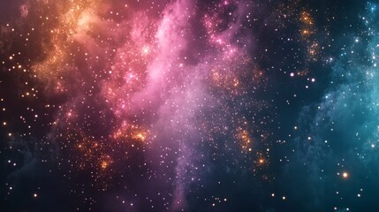 Naklejka premium 53.Captivating firework background featuring radiant explosions in various shapes and colors like pink, gold, and blue, with delicate sparkles spreading across a deep midnight sky, creating an