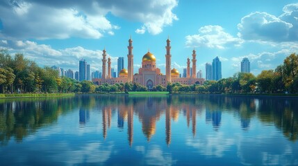 Fototapeta premium Majestic mosque reflected in calm lake.
