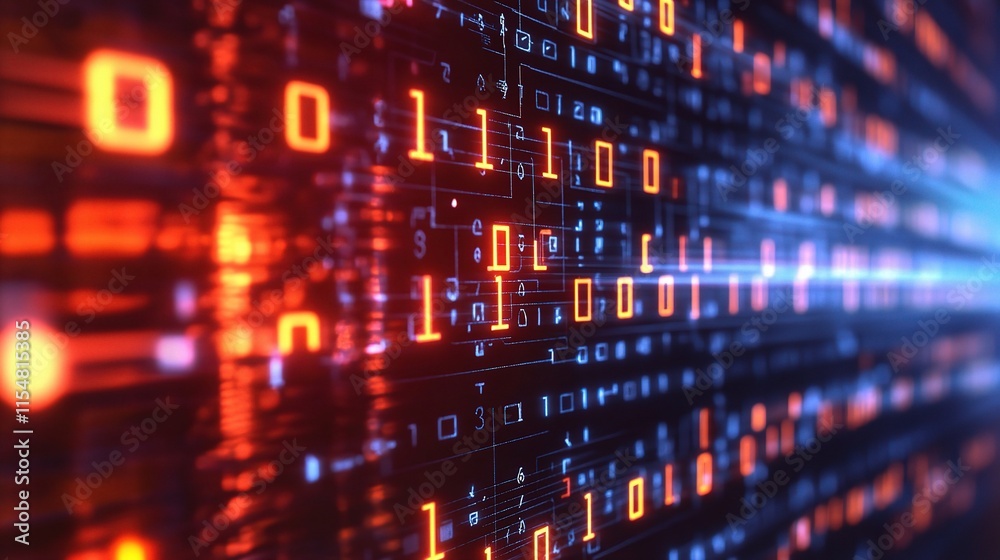 Poster flowing binary data waves on dark background in digital format