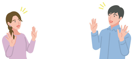 両手を広げて驚く男女