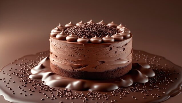 A decadent chocolate mousse cake sits atop a rich, velvety brown mocha mousse background, evoking the warmth of a luxurious coffeehouse. The cake's layers of texture are visible, with evident air pock