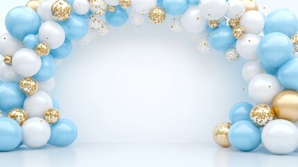 121.Detailed 3D illustration of a pastel blue, white, and gold balloon garland arch, with each balloon arranged to form a soft frame around a circular white space in the center, creating an elegant
