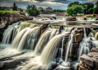 Naklejka premium South Dakota's largest city boasts stunning aerial views: Sioux Falls Waterfall's bokeh-filled beauty.
