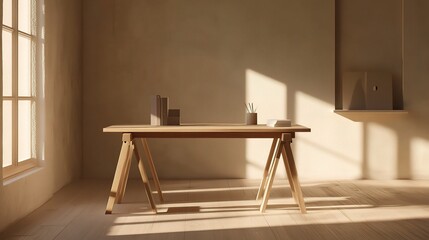 Modern Timber Desk Mockup in Bright Minimalist Office Space