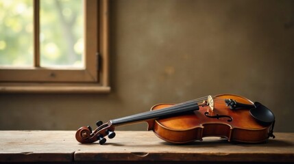 Fototapeta premium A wooden violin rests on a rustic table, bathed in soft light filtering through a nearby window, creating a serene and peaceful atmosphere.